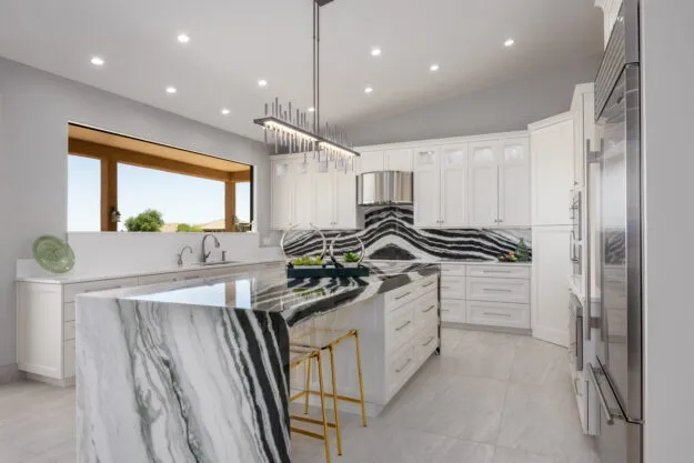 Kitchen 4 (1) Tucson kitchen with quartz countertops and waterfall edge